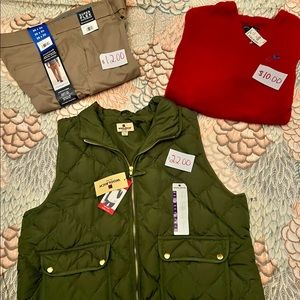 Dress up pants 36x30. Red Aeropostale sweater size medium. Green vest size xxl